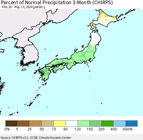 Japan Percent of Normal Precipitation 3-Month (CHIRPS) Thematic Map For 2/16/2024 - 5/15/2024