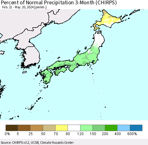 Japan Percent of Normal Precipitation 3-Month (CHIRPS) Thematic Map For 2/21/2024 - 5/20/2024