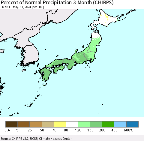 Japan Percent of Normal Precipitation 3-Month (CHIRPS) Thematic Map For 3/1/2024 - 5/31/2024