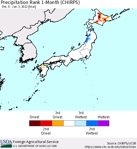 Japan Precipitation Rank since 1981, 1-Month (CHIRPS) Thematic Map For 12/6/2021 - 1/5/2022