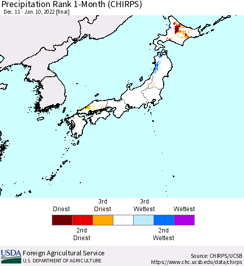 Japan Precipitation Rank since 1981, 1-Month (CHIRPS) Thematic Map For 12/11/2021 - 1/10/2022