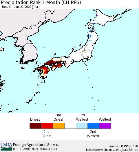 Japan Precipitation Rank since 1981, 1-Month (CHIRPS) Thematic Map For 12/21/2021 - 1/20/2022