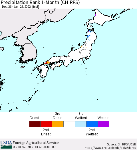 Japan Precipitation Rank since 1981, 1-Month (CHIRPS) Thematic Map For 12/26/2021 - 1/25/2022