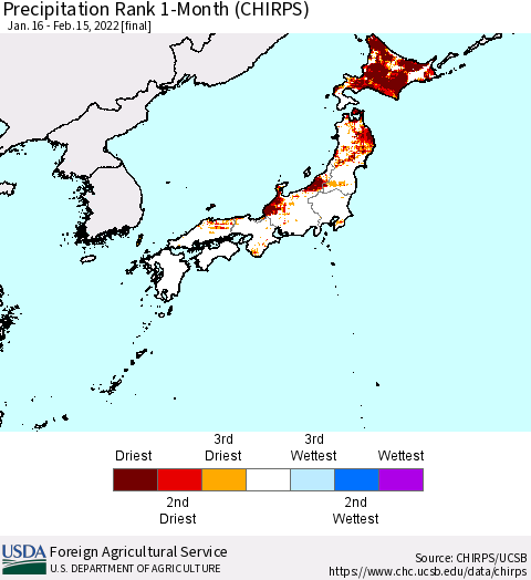 Japan Precipitation Rank since 1981, 1-Month (CHIRPS) Thematic Map For 1/16/2022 - 2/15/2022