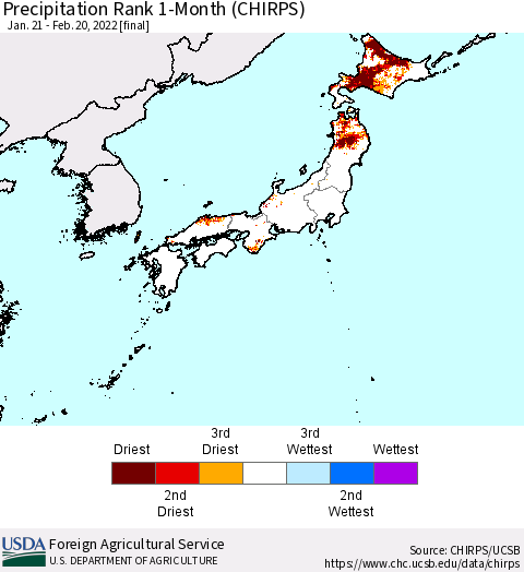 Japan Precipitation Rank since 1981, 1-Month (CHIRPS) Thematic Map For 1/21/2022 - 2/20/2022