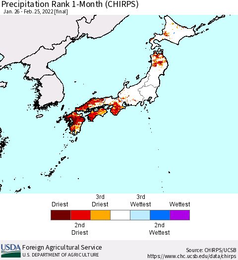 Japan Precipitation Rank since 1981, 1-Month (CHIRPS) Thematic Map For 1/26/2022 - 2/25/2022