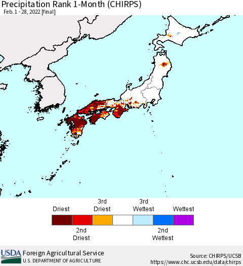 Japan Precipitation Rank since 1981, 1-Month (CHIRPS) Thematic Map For 2/1/2022 - 2/28/2022