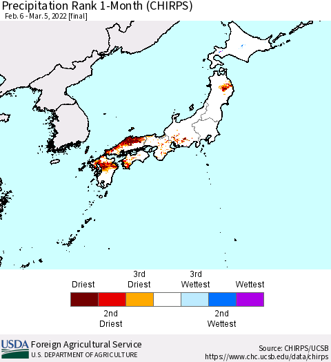 Japan Precipitation Rank since 1981, 1-Month (CHIRPS) Thematic Map For 2/6/2022 - 3/5/2022