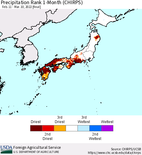 Japan Precipitation Rank since 1981, 1-Month (CHIRPS) Thematic Map For 2/11/2022 - 3/10/2022