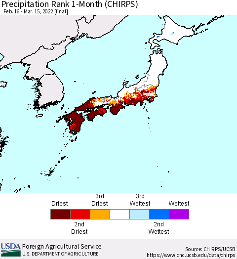 Japan Precipitation Rank since 1981, 1-Month (CHIRPS) Thematic Map For 2/16/2022 - 3/15/2022