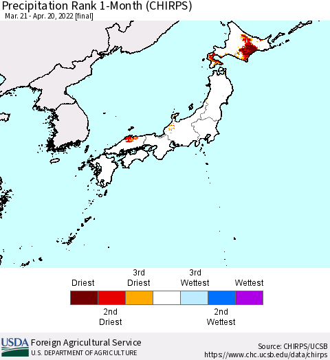 Japan Precipitation Rank since 1981, 1-Month (CHIRPS) Thematic Map For 3/21/2022 - 4/20/2022