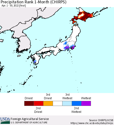 Japan Precipitation Rank since 1981, 1-Month (CHIRPS) Thematic Map For 4/1/2022 - 4/30/2022