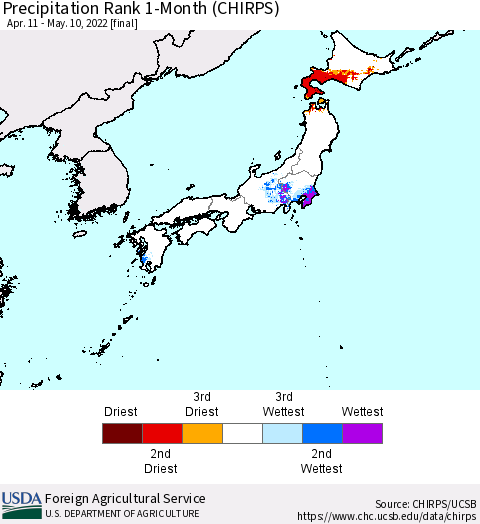 Japan Precipitation Rank since 1981, 1-Month (CHIRPS) Thematic Map For 4/11/2022 - 5/10/2022