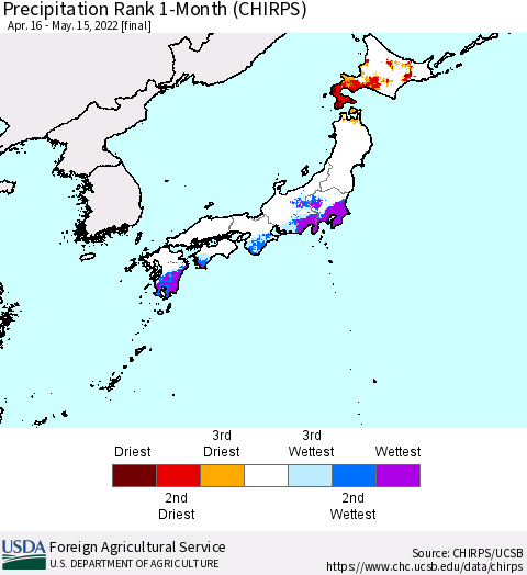 Japan Precipitation Rank since 1981, 1-Month (CHIRPS) Thematic Map For 4/16/2022 - 5/15/2022