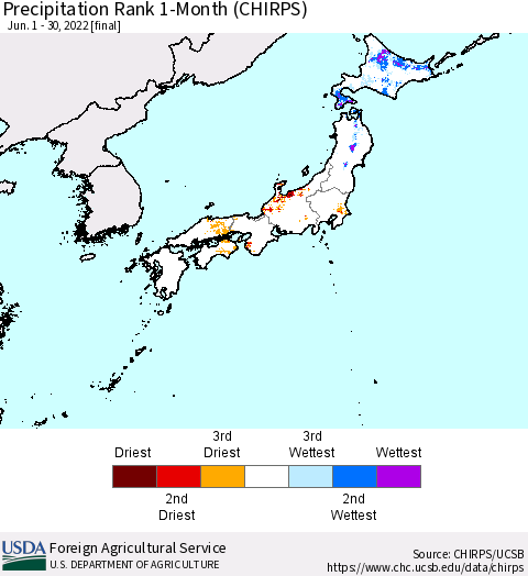 Japan Precipitation Rank since 1981, 1-Month (CHIRPS) Thematic Map For 6/1/2022 - 6/30/2022