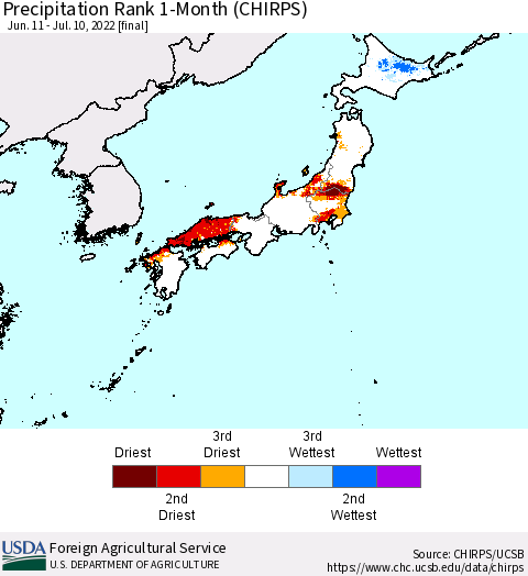 Japan Precipitation Rank since 1981, 1-Month (CHIRPS) Thematic Map For 6/11/2022 - 7/10/2022