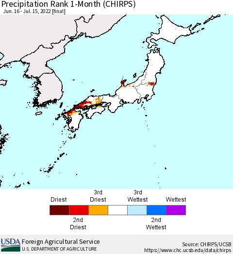 Japan Precipitation Rank since 1981, 1-Month (CHIRPS) Thematic Map For 6/16/2022 - 7/15/2022