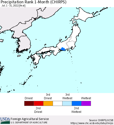 Japan Precipitation Rank since 1981, 1-Month (CHIRPS) Thematic Map For 7/1/2022 - 7/31/2022