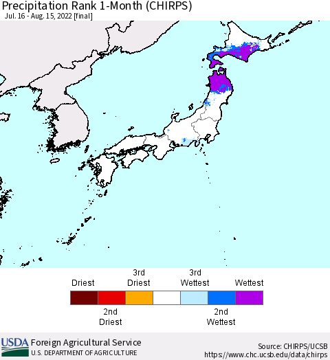Japan Precipitation Rank since 1981, 1-Month (CHIRPS) Thematic Map For 7/16/2022 - 8/15/2022