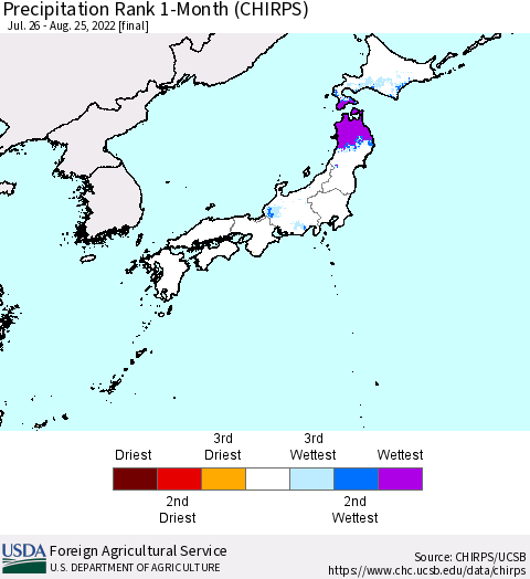 Japan Precipitation Rank since 1981, 1-Month (CHIRPS) Thematic Map For 7/26/2022 - 8/25/2022