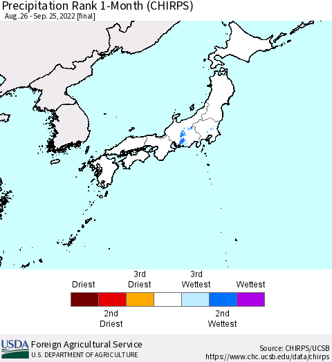 Japan Precipitation Rank since 1981, 1-Month (CHIRPS) Thematic Map For 8/26/2022 - 9/25/2022