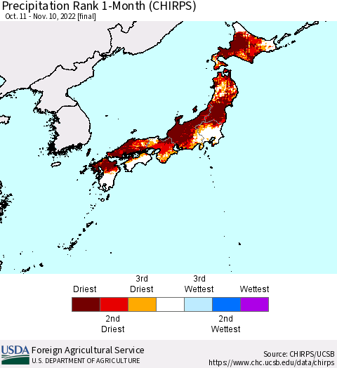 Japan Precipitation Rank since 1981, 1-Month (CHIRPS) Thematic Map For 10/11/2022 - 11/10/2022