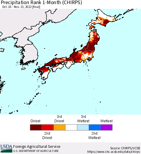 Japan Precipitation Rank since 1981, 1-Month (CHIRPS) Thematic Map For 10/16/2022 - 11/15/2022