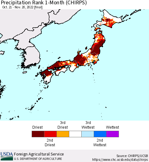 Japan Precipitation Rank since 1981, 1-Month (CHIRPS) Thematic Map For 10/21/2022 - 11/20/2022