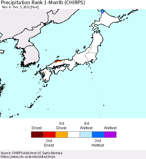 Japan Precipitation Rank since 1981, 1-Month (CHIRPS) Thematic Map For 11/6/2022 - 12/5/2022