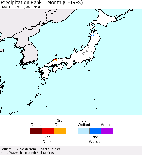 Japan Precipitation Rank since 1981, 1-Month (CHIRPS) Thematic Map For 11/16/2022 - 12/15/2022