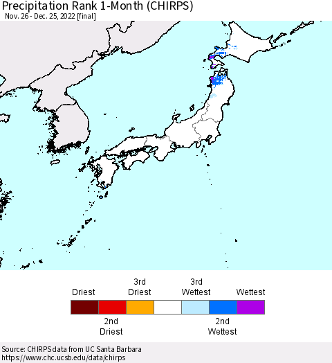 Japan Precipitation Rank since 1981, 1-Month (CHIRPS) Thematic Map For 11/26/2022 - 12/25/2022