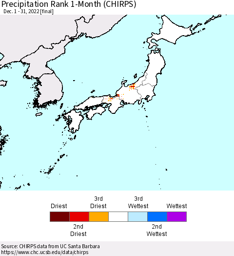 Japan Precipitation Rank since 1981, 1-Month (CHIRPS) Thematic Map For 12/1/2022 - 12/31/2022