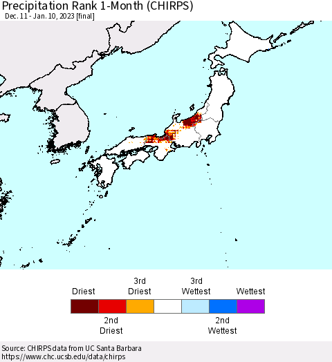 Japan Precipitation Rank since 1981, 1-Month (CHIRPS) Thematic Map For 12/11/2022 - 1/10/2023