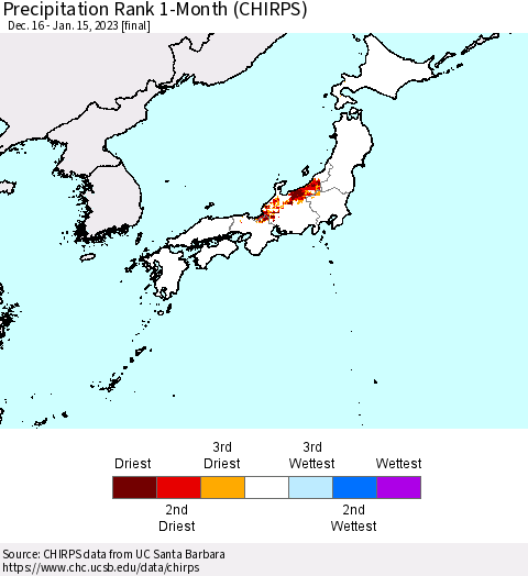 Japan Precipitation Rank since 1981, 1-Month (CHIRPS) Thematic Map For 12/16/2022 - 1/15/2023