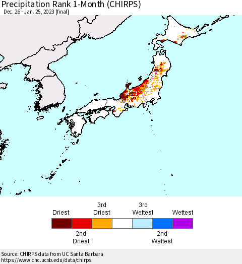 Japan Precipitation Rank since 1981, 1-Month (CHIRPS) Thematic Map For 12/26/2022 - 1/25/2023