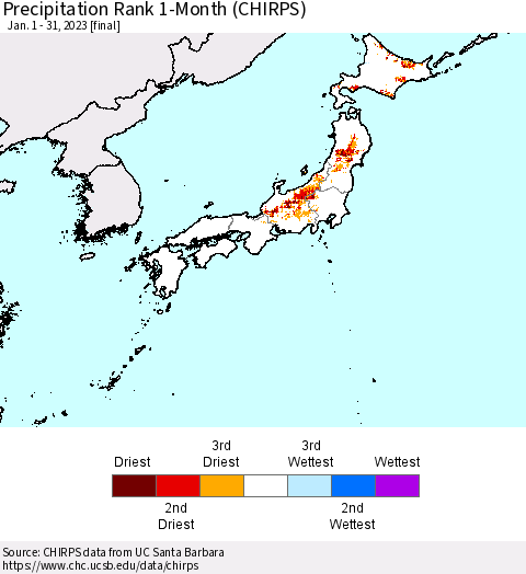 Japan Precipitation Rank since 1981, 1-Month (CHIRPS) Thematic Map For 1/1/2023 - 1/31/2023