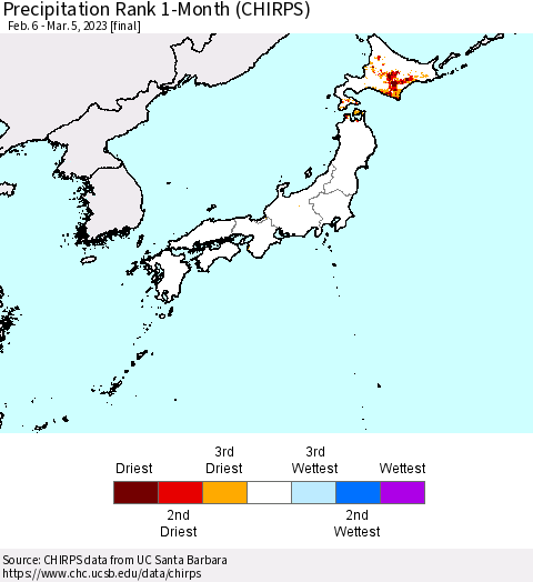 Japan Precipitation Rank since 1981, 1-Month (CHIRPS) Thematic Map For 2/6/2023 - 3/5/2023