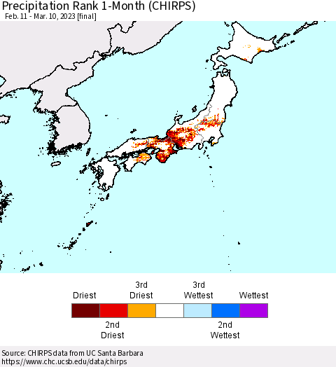 Japan Precipitation Rank since 1981, 1-Month (CHIRPS) Thematic Map For 2/11/2023 - 3/10/2023