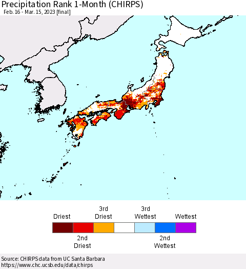 Japan Precipitation Rank since 1981, 1-Month (CHIRPS) Thematic Map For 2/16/2023 - 3/15/2023