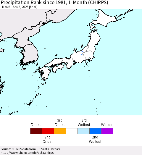 Japan Precipitation Rank since 1981, 1-Month (CHIRPS) Thematic Map For 3/6/2023 - 4/5/2023