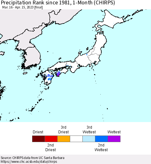 Japan Precipitation Rank since 1981, 1-Month (CHIRPS) Thematic Map For 3/16/2023 - 4/15/2023