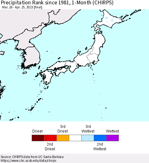 Japan Precipitation Rank since 1981, 1-Month (CHIRPS) Thematic Map For 3/26/2023 - 4/25/2023