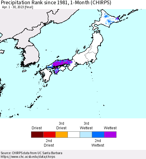 Japan Precipitation Rank since 1981, 1-Month (CHIRPS) Thematic Map For 4/1/2023 - 4/30/2023