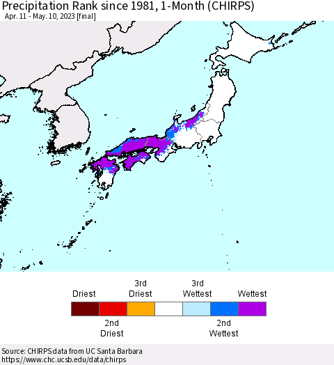 Japan Precipitation Rank since 1981, 1-Month (CHIRPS) Thematic Map For 4/11/2023 - 5/10/2023