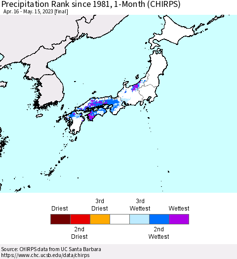 Japan Precipitation Rank since 1981, 1-Month (CHIRPS) Thematic Map For 4/16/2023 - 5/15/2023