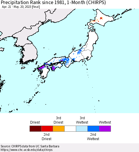 Japan Precipitation Rank since 1981, 1-Month (CHIRPS) Thematic Map For 4/21/2023 - 5/20/2023
