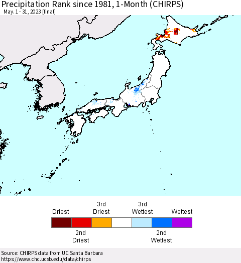 Japan Precipitation Rank since 1981, 1-Month (CHIRPS) Thematic Map For 5/1/2023 - 5/31/2023