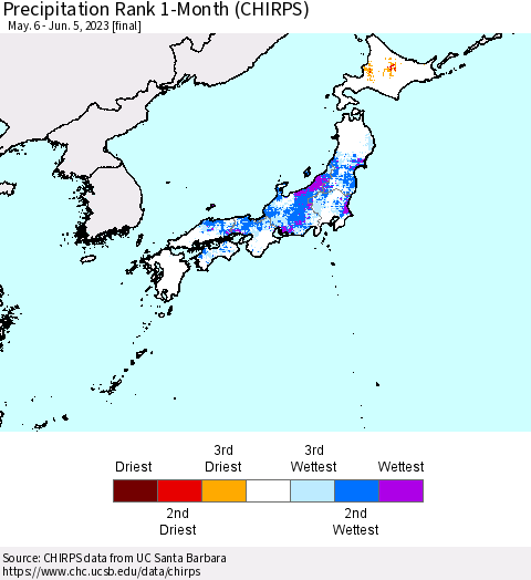 Japan Precipitation Rank since 1981, 1-Month (CHIRPS) Thematic Map For 5/6/2023 - 6/5/2023