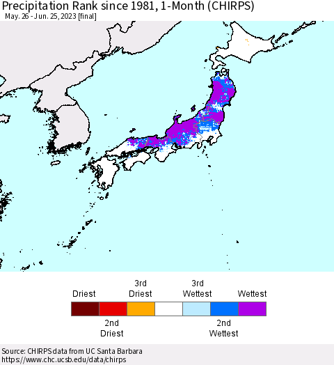 Japan Precipitation Rank since 1981, 1-Month (CHIRPS) Thematic Map For 5/26/2023 - 6/25/2023