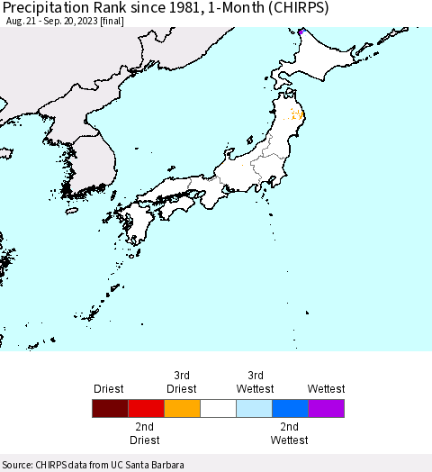 Japan Precipitation Rank since 1981, 1-Month (CHIRPS) Thematic Map For 8/21/2023 - 9/20/2023